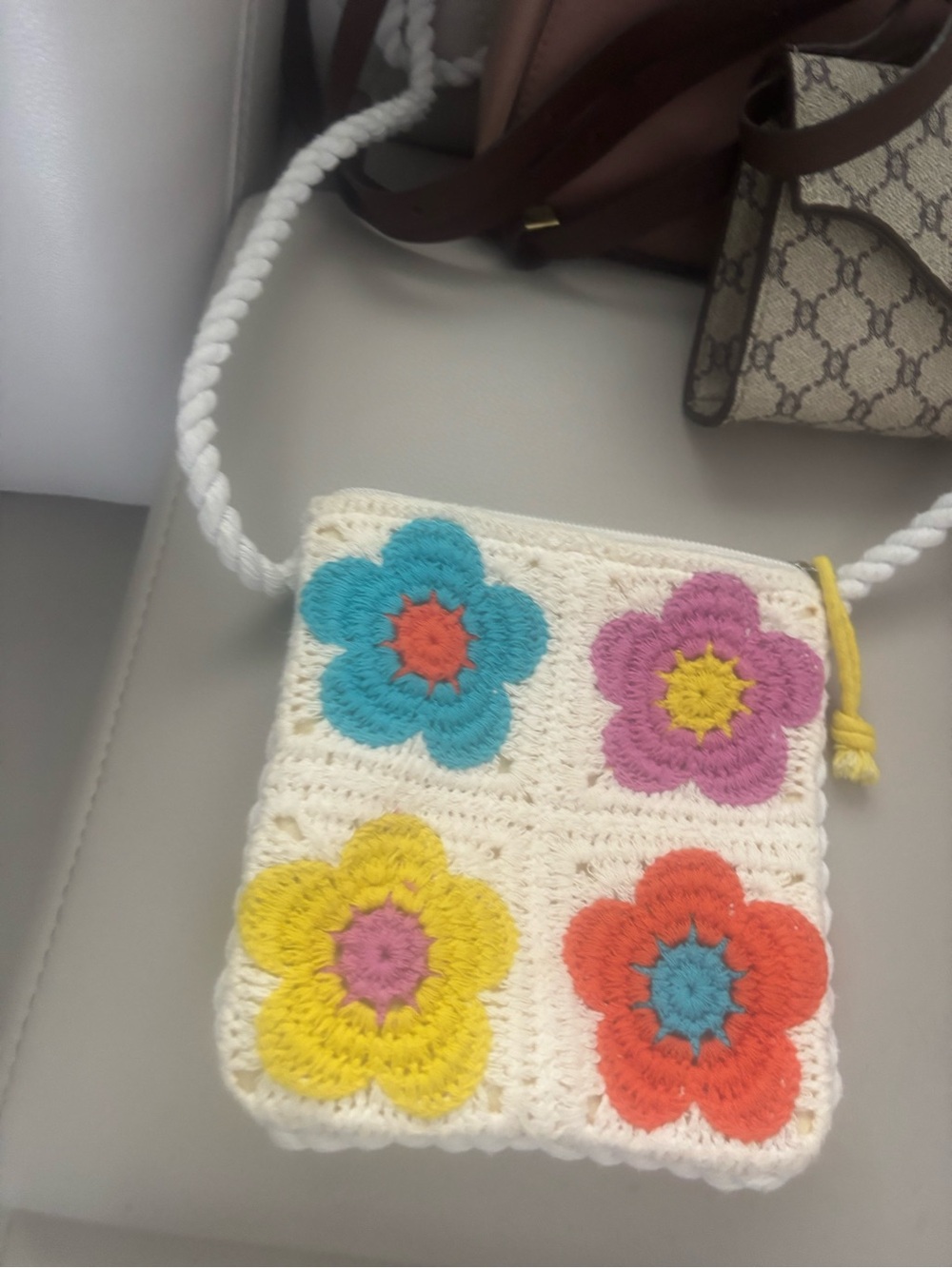 Crocheted Floral Kids Crossbody Bag in Cream with Multi-Color Flowers